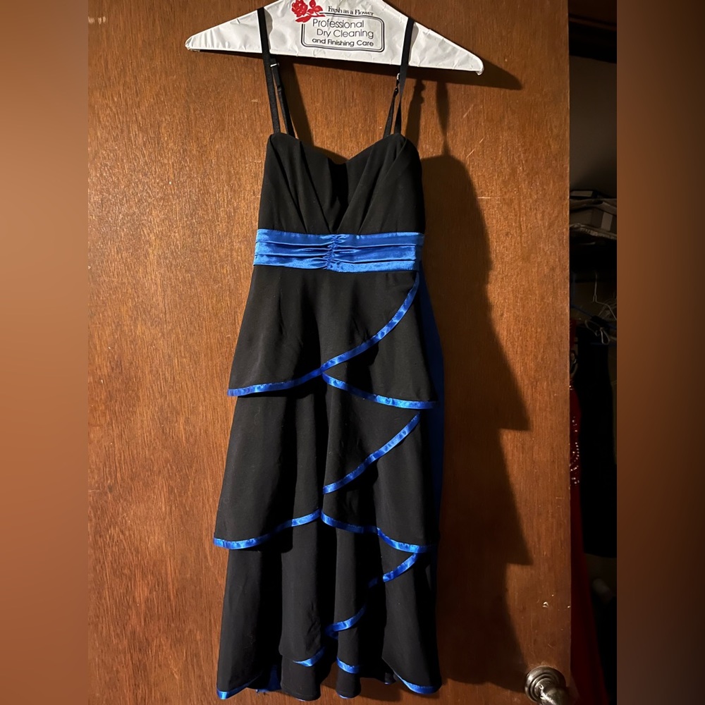 Deb size small black formal dress with blue lining